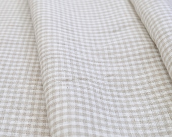 Beige Gingham Linen Fabric Neutral Check Upholstery Fabric Rustic Farmhouse Sewing Material Cottage Decor Linen for Quilting DIY Projects