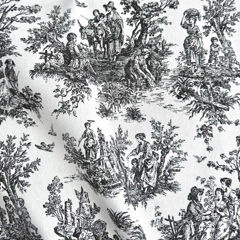 Cotton Toile Print Fabric by Yard Toile de Jouy Bedding Quilting Scenic Floral French Fabric for Sewing Cafe Curtain Historical Print Fabric Black