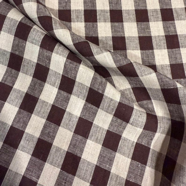 Brown Check Fabric Tablecloth Checkered Chocolate Brown Linen Coverlet Fabric Cafe Fall Table Runner Decor Textile Moody Warm Rustic Fabric image 4