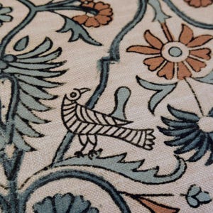 Bulk Yardage Floral Vine Bird Drapery Fabric Coral Aquamarine Blue Upholstery Textile French Block Print Curtain Material Whimsical Design image 4