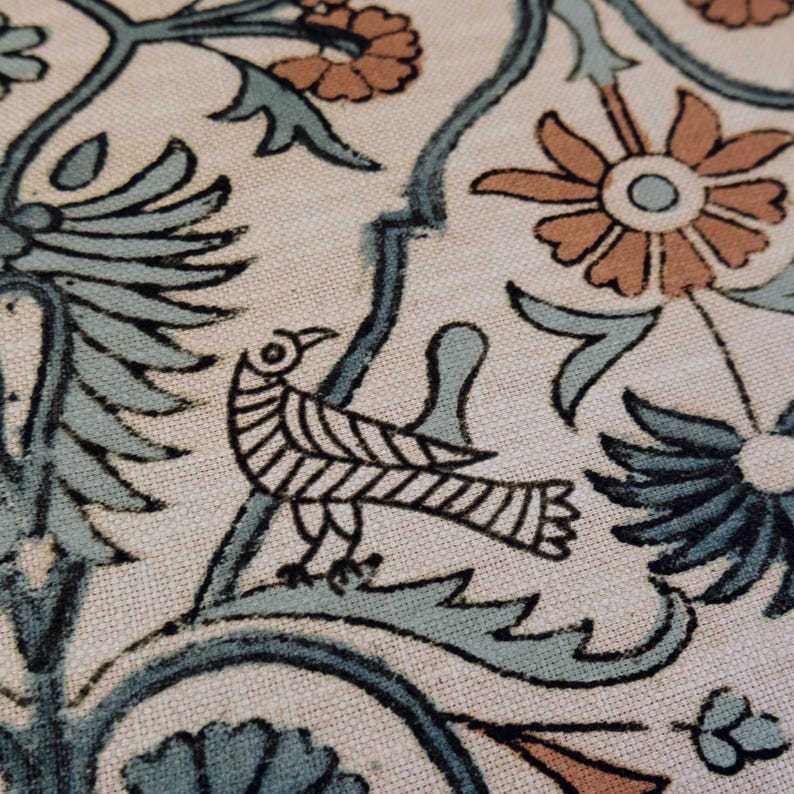 Bulk Yardage Floral Vine Bird Drapery Fabric Coral Aquamarine Blue Upholstery Textile French Block Print Curtain Material Whimsical Design image 4