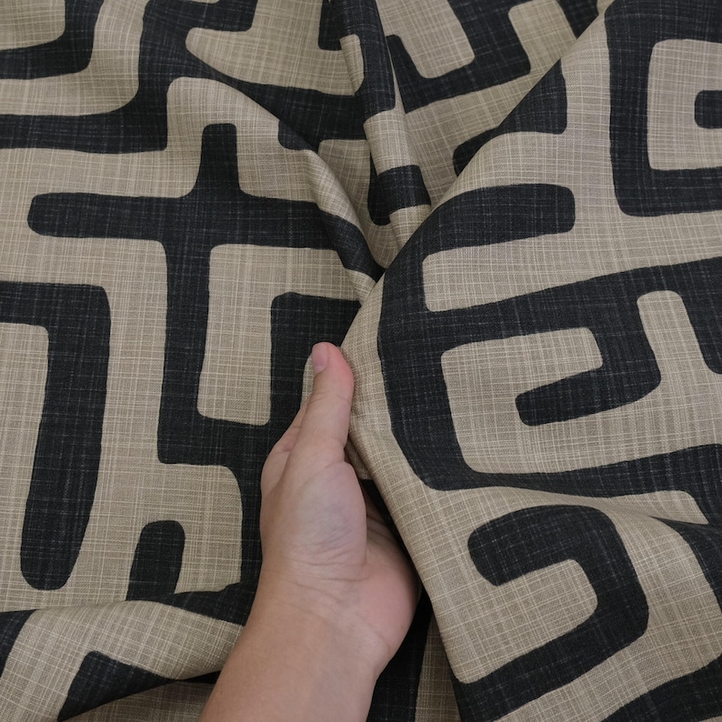 Tribal Maze Fabric by Yard Graphic Black Tan Abstract Print Slub Canvas Material for Pillow Cover Curtain Panel Wall Decor Accent Textile image 3