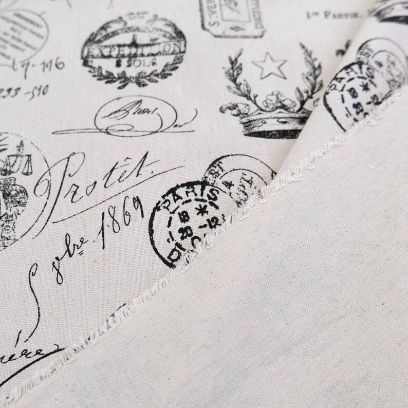 Vintage Travel Fabric by Yard French Postmark Stamp Print Neutral Onyx Cotton Textile for Pillow Cover Curtain Panel Wall Decor Paris Theme image 6