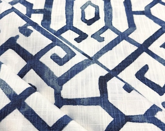 Blue and White Indigo Geometric Cotton Fabric by the Yard Upholstery Textile for Curtains Pillows Coastal Farmhouse Home Decor DIY Projects