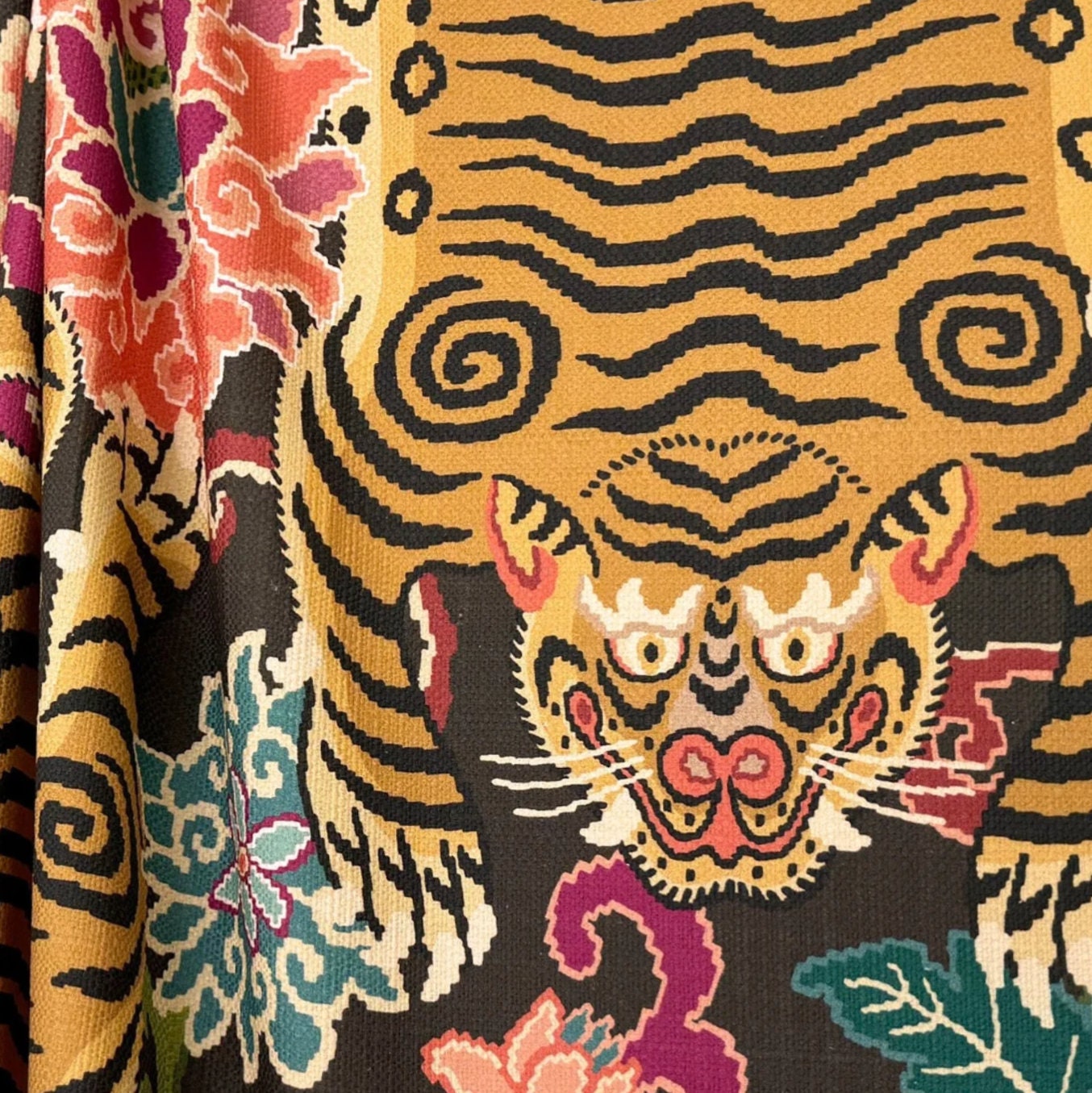 Tiger Print Fabric Chinoiserie Textile Yardage Livingroom Chinese Decor Eclectic Fabric Panel Colorful Cotton Animal Floral Design Black Etsy