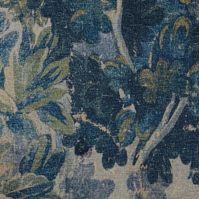 Blue Leaves Pattern Fabric Verdant Print Designer Textile Medieval Inspired Fabric Furniture Upholstery Material Distressed Vintage Finish image 8