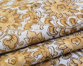 Mustard Yellow Floral Fabric Gold Print Upholstery Material French Country Drapery Fabric Cream Background Curtain Sewing by the Yard
