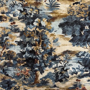 May include: Fabric with a detailed landscape design featuring trees, foliage, and a river. The color palette includes shades of blue, brown, and beige, creating a vintage aesthetic. The fabric is suitable for upholstery or decorative projects.