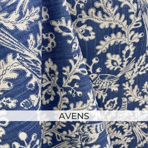 French Blue Botanical Fabric by the Yard Chateaucore Linen Look Cotton Slub Cream Floral Upholstery Drapery English Garden Home Decor Avens – Botanical Birds