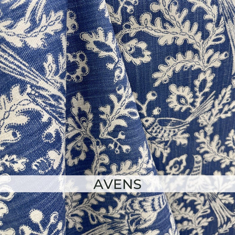 French Blue Botanical Fabric by the Yard Chateaucore Linen Look Cotton Slub Cream Floral Upholstery Drapery English Garden Home Decor Avens – Botanical Birds
