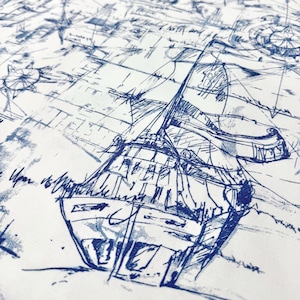 Nautical Fabric by Yard Blue and White Boat Map Fabric Coastal Upholstery Fabric Vintage Marine Compass Fabric for Pillows Drapes Decor image 1
