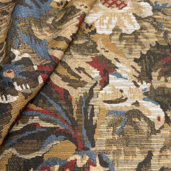 Jacobean Floral Upholstery Cotton Antique Gold Fabric by the Yard Traditional Fabric for Drapery Cushion Covers Chair Reupholster Home Decor