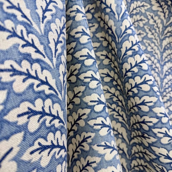 French Blue Botanical Fabric by the Yard Chateaucore Linen Look Cotton Slub Cream Floral Upholstery Drapery English Garden Home Decor