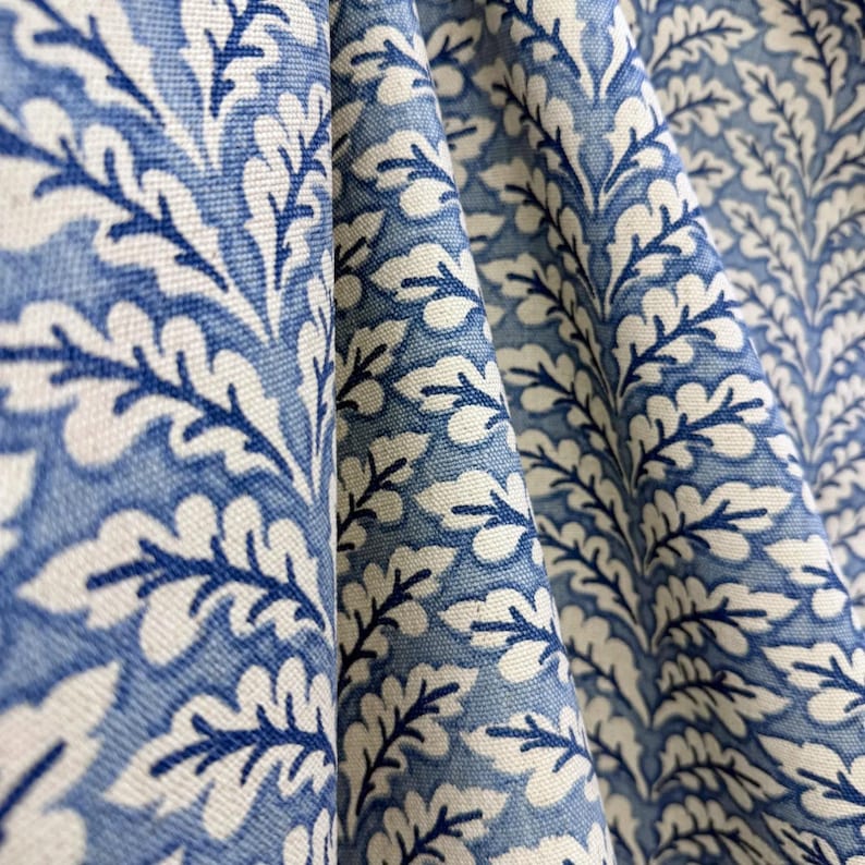 French Blue Botanical Fabric by the Yard Chateaucore Linen Look Cotton Slub Cream Floral Upholstery Drapery English Garden Home Decor image 1
