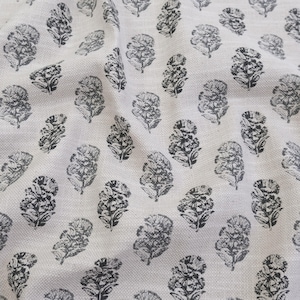Charcoal Block Print Flower Motif Fabric Black Floral Pattern Yardage Basketweave Texture Contemporary Window Drapery Panel Designer Neutral