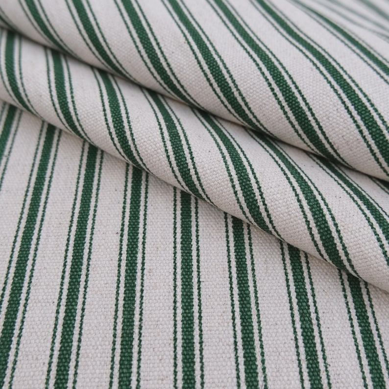 Tela de tapicería para sillas, color verde pino, con rayas finas, cortada a medida, estilo campestre francés, ideal para decoración del hogar. Tela vintage con rayas finas para debajo de los gabinetes. imagen 1
