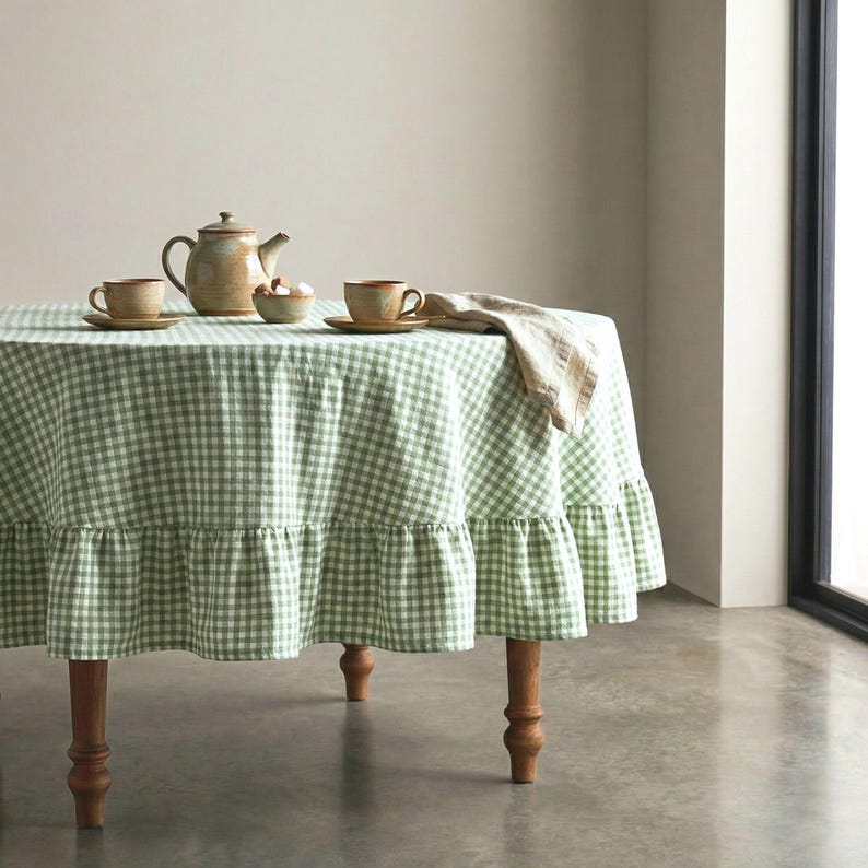 Sage Toile Fabric Light Green Gingham Cotton Pinstripe Soft Green Complementary Print Cottagecore Textile Kitchen Decor Curtain Tablecloth image 4