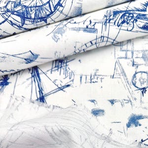 Nautical Fabric by Yard Blue and White Boat Map Fabric Coastal Upholstery Fabric Vintage Marine Compass Fabric for Pillows Drapes Decor image 2