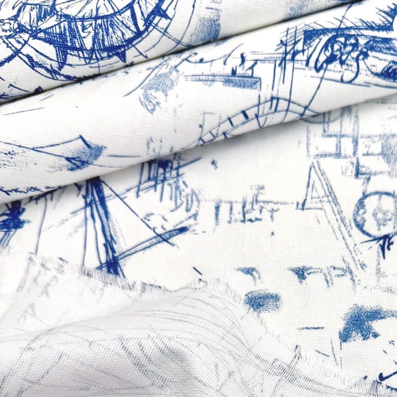 Nautical Fabric by Yard Blue and White Boat Map Fabric Coastal Upholstery Fabric Vintage Marine Compass Fabric for Pillows Drapes Decor image 2