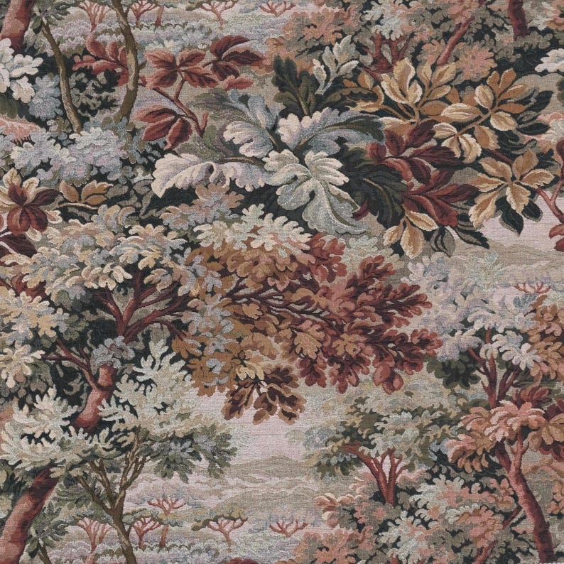 Detailed woven pattern of Woodrose tapestry upholstery fabric showing foliage and scenic verdure motifs, heavyweight jacquard suitable for classic sofa upholstery, armchair restoration, antique furniture, drapery panels, decorative pillows, and heritage style interiors.