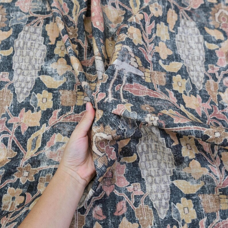 Cotton Drapery Fabric Muted Charcoal Warm Blush Pink Chesnut Gold Dark Academia Bird Pattern Fabric Botanical Print Floral Decor Textile image 4