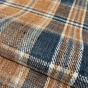 Navy Blue Plaid Fabric Antique Gold Tartan Material Midnight Woven Upholstery Textile Accent Pillow Fabric Blue Gold Chair Cushion Yardage