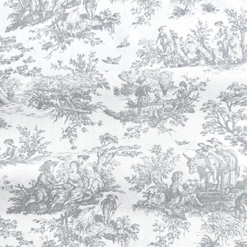 Pastel Toile Fabric French Provincial Craft Making Material Scenic Vintage Style DIY Sewing for Home Projects Custom Special Gift Wrap Idea Gray Toile