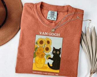 Van Gogh Cat Comfort Colors® Shirt, Funny Black Cat Meme Tee, Vintage Sunflower Cat Lover Shirt, Halloween Mom Gag T-Shirt, Vintage Cat Tee