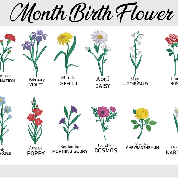 Embroidery 12 Month Flowers, Birth Flowers Bundle Machine Embroider, Digital Pattern, Pes Dst File, Instant Download Mini Wildflower, 3 Size