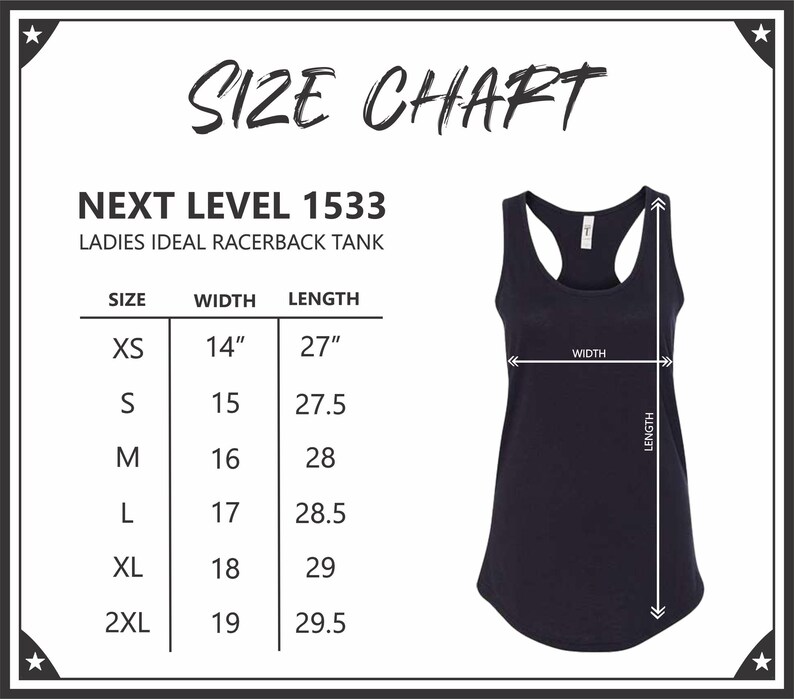 Pode incluir: Uma regata preta com uma tabela de tamanhos. A tabela mostra as medidas para os tamanhos XS a 2XL, com larguras variando de 35,5 cm a 48,3 cm e comprimentos de 68,6 cm a 74,9 cm. O texto diz "TABELA DE TAMANHOS".