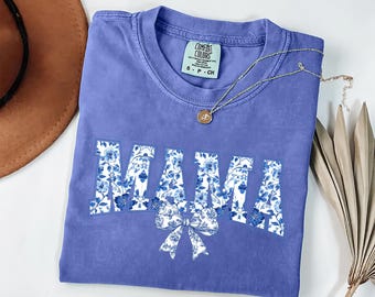 Comfort Colors® Mama Shirt, Mother’s Day Gift, Cute Blue Ribbon Bow Tee, Aesthetic Mom Tshirt, Chinoiserie Style Mom Shirt, Sizes S-2XL