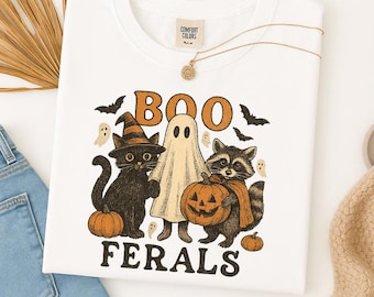 Spooky Feral Raccoon Halloween Shirt, Creepy Cute Ghost Tee, Funny Retro Animal Shirt for Women, Cute Halloween Mom Gift Graphic T-Shirt