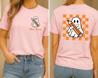 Custom Teacher Halloween Shirt, Personalized Ghost Teacher Name T, Cute Spooky Season Fall Shirt, Halloween Shirt for Teacher, Boo Teacher T