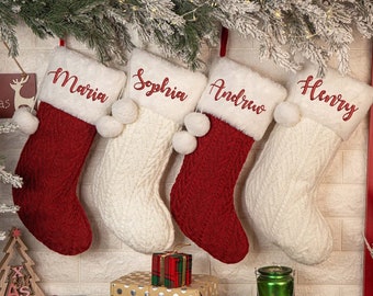 Custom Knitted Stocking, 2025 Holiday Personalized Family Stocking, Christmas Pom Pom Stocking, Embroidered Stocking