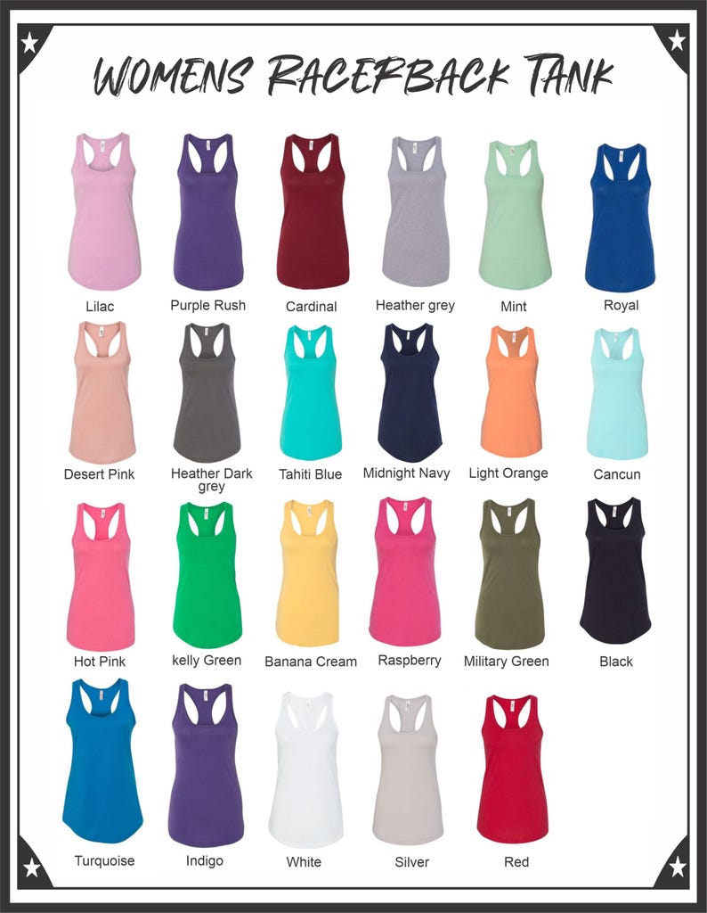 Pode incluir: Uma exibi&ccedil;&atilde;o de tops racerback em v&aacute;rias cores, incluindo lil&aacute;s, roxo, vermelho, cinza, verde e azul. Cada top &eacute; rotulado com o nome de sua cor. O texto "WOMENS RACERBACK TANK" est&aacute; na parte superior da imagem.