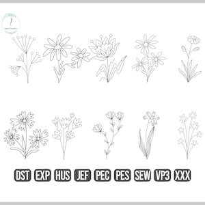 May include: A set of 10 embroidery designs featuring various floral motifs. The designs include a variety of flowers, leaves, and stems, all in a simple, minimalist style. The designs are perfect for adding a touch of elegance to any project.