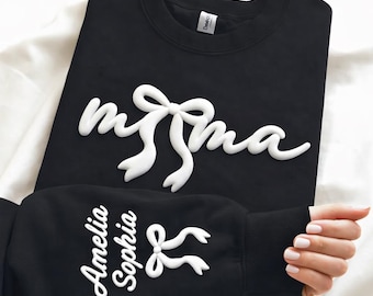 Embossed Mama Coquette Bow Sweatshirt, Custom Kids Name on Sleeve Sweatshirt, Minimal Coquette Mama Puff Sweatshirt, Trendy Mothers Day Gift
