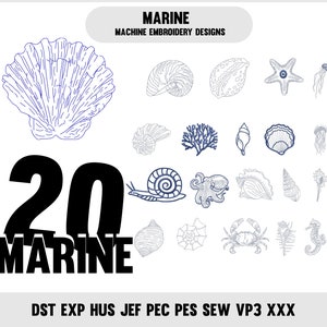 Marine Ocean 20 Desenhos de Bordados, Conchas do Mar/Águas-vivas/Bordados de Caranguejos, Arquivo de Bordado de Máquina Digital, Download Instantâneo, Mar Azul Profundo