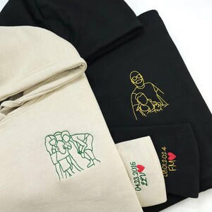 Embroidered Hoodies, Couple Portrait Custom Sweatshirts, Hoody from Photo, Personalized Photo Outline Drawing on Hoody, 1st Anniversary Gift