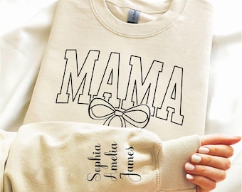 Personalized Mama Sweatshirt with Kids’ Names on Sleeves, Custom Mom Hoodie, Minimalist Mom Crewneck, Gift for Her, Mothers Day Outfits