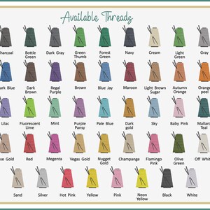 May include: A chart displaying a variety of thread colors, including Charcoal, Bottle Green, and Dark Gray. The text "Available Threads" is at the top. Each thread color is labeled with its name, such as "Rose Gold" and "Hot Pink".
