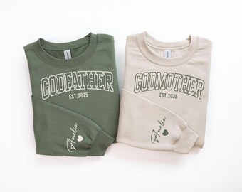 Custom Godmother & Godfather Sweatshirt, Personalized Est Date Godparents Shirts, Baptism Gift, Godchild Name on Sleeve, Newborn Gifts