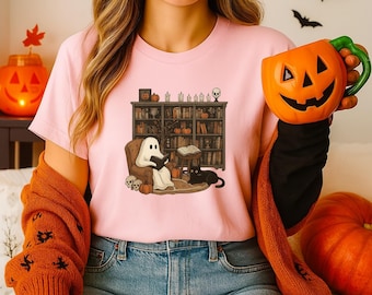 Ghost Reading Books Sweatshirt, Halloween Librarian Shirt, Witchy Boo Book Tee, Spooky Cat Ghost Coffee Shirt, Horror Book Spooky Season Tee
