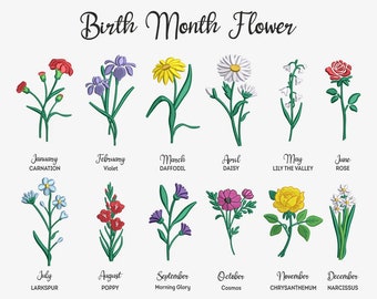 May include: A chart showing the birth month flower for each month of the year. The flowers are illustrated in a colorful embroidered style. January: Carnation, February: Violet, March: Daffodil, April: Daisy, May: Lily of the Valley, June: Rose, July: Larkspur, August: Poppy, September: Morning Glory, October: Cosmos, November: Chrysanthemum, December: Narcissus.