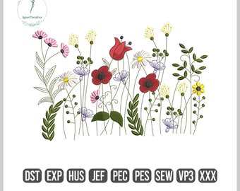 May include: Embroidered design of a field of wildflowers with red, pink, white, and yellow flowers. The flowers are surrounded by green leaves and stems.