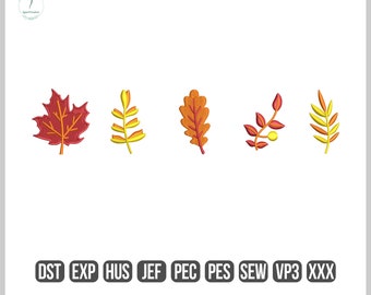 May include: Five embroidery designs of autumn leaves in various colors, including red, orange, and yellow. The designs are labeled with the file formats: DST, EXP, HUS, JEF, PEC, PES, SEW, VP3, and XXX.