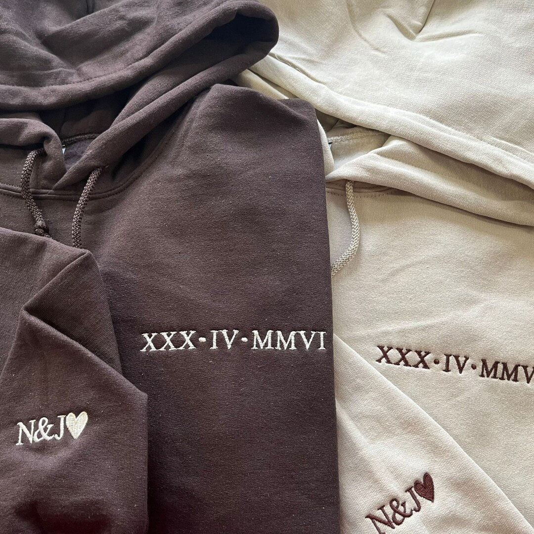 Embroidered Anniversary Date Matching Hoodies, Roman Numeral Custom