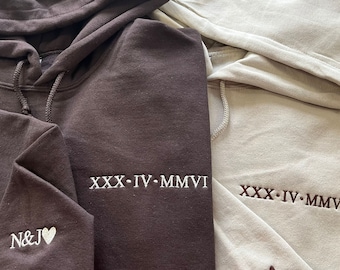 Anniversary Date Matching Hoodies, Roman Numeral Couple Hoodies, Personalized Initial heart Sweatshirt, 1st Anniversary Gift for Him