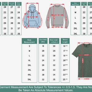 May include: Detailed garment measurement charts for hoodies, sweatshirts, and t-shirts. The charts display body measurements, chest width, body length, and sleeve length in inches for various sizes, from S to 3XL and 5XL. The text at the bottom states that measurements are subject to tolerances.