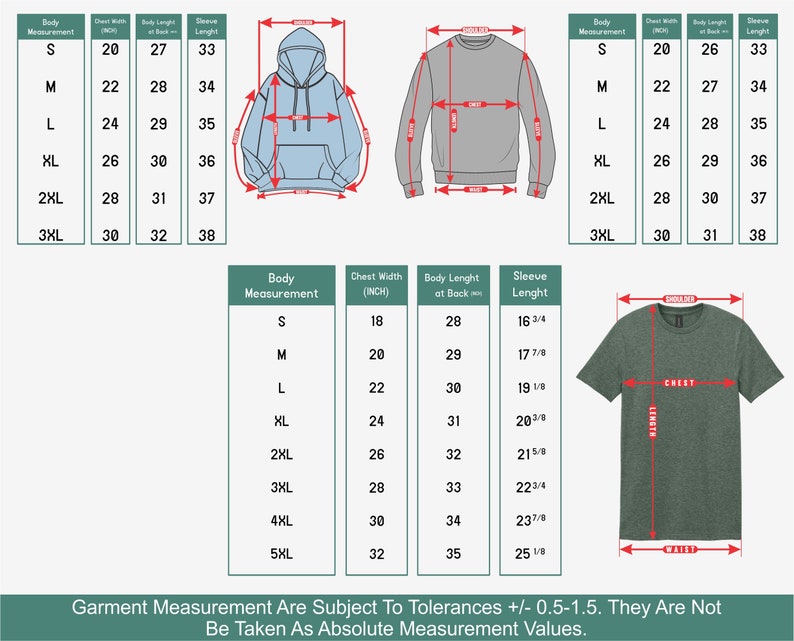 May include: Detailed garment measurement charts for hoodies, sweatshirts, and t-shirts. The charts display body measurements, chest width, body length, and sleeve length in inches for various sizes, from S to 3XL and 5XL. The text at the bottom states that measurements are subject to tolerances.